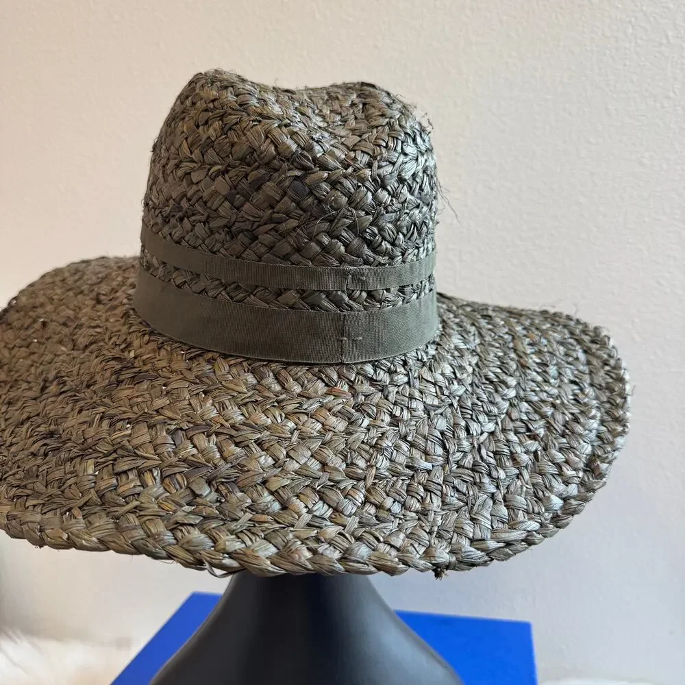 Olive Green Chunky Woven Boho Straw Wide Brim Sun Hat-Adjustable